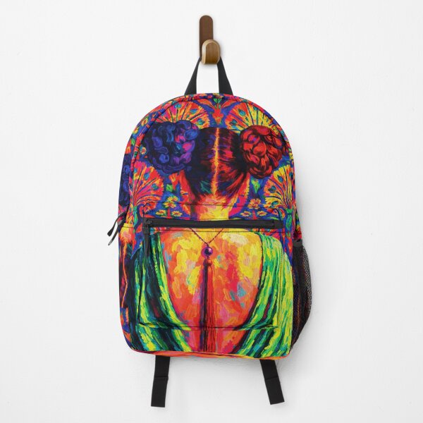 Item preview, Woman in Bloom — Colorful Floral Oil Painting with Ornate Pattern Back View designed and sold by RamyGallery.