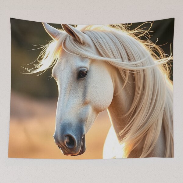 Item preview, Elegant White Horse Portrait With Flowing Golden Mane designed and sold by IntelliMindDesigns.