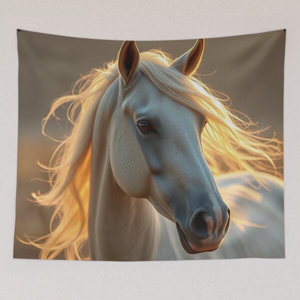 Item preview, Radiant White Horse Portrait With Glowing Golden Mane designed and sold by IntelliMindDesigns.