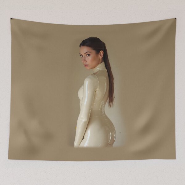 Item preview, Woman in Glossy Beige Bodysuit, High Ponytail and Confident Stance designed and sold by Magic-Reality.