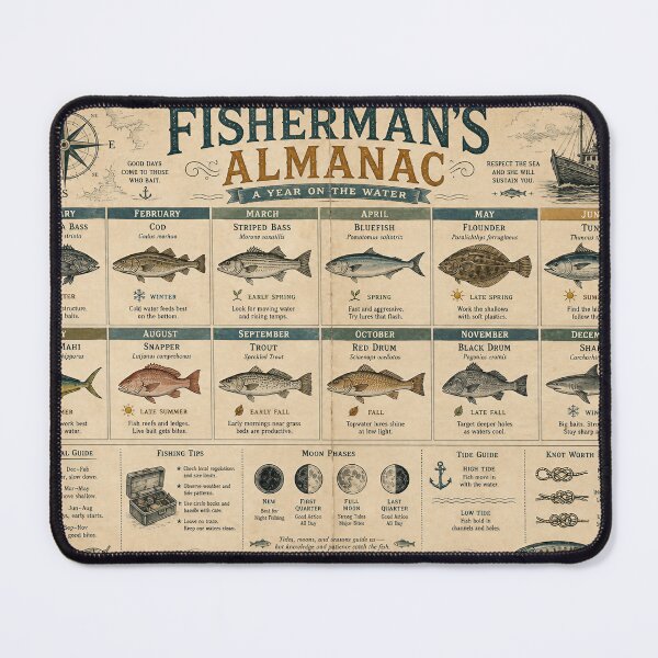 Item preview, FISHERMAN'S ALMANAC — Vintage Calendar Poster (Engraved Fish, Seasonal Tips) designed and sold by Jandedan.