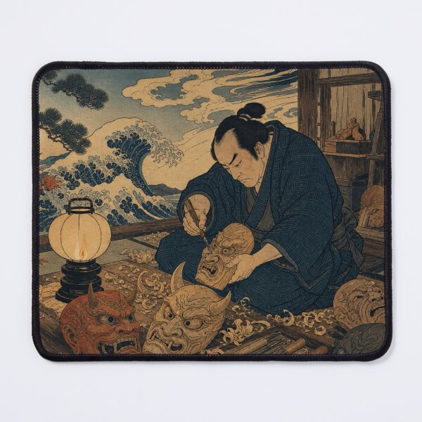 Item preview, Oni Mask Carver's Workshop - Vintage Traditional Japanese Ukiyo-e Woodblock Print Style designed and sold by bapupa.