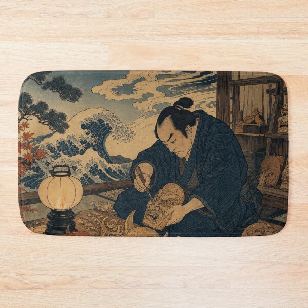 Item preview, Oni Mask Carver's Workshop - Vintage Traditional Japanese Ukiyo-e Woodblock Print Style designed and sold by bapupa.