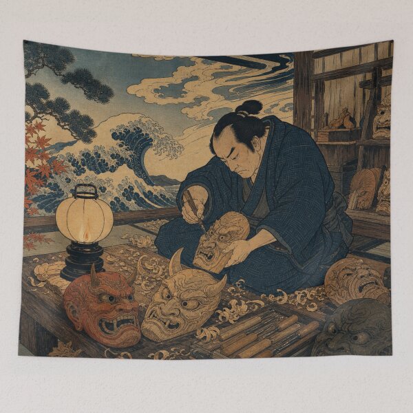 Item preview, Oni Mask Carver's Workshop - Vintage Traditional Japanese Ukiyo-e Woodblock Print Style designed and sold by bapupa.
