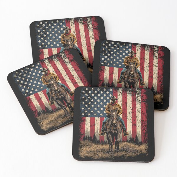 Item preview, Patriotic Western American Cowboy on Horse USA Flag Vintage designed and sold by CF_VintageDesign.