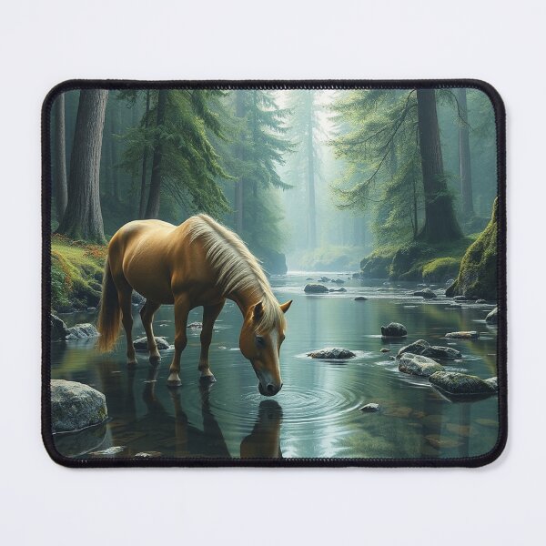 Item preview, Golden Horse Drinking From Peaceful Forest River Reflection designed and sold by IntelliMindDesigns.