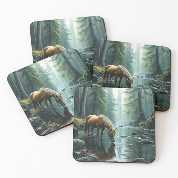 Item preview, Golden Horse Drinking From Peaceful Forest River Reflection designed and sold by IntelliMindDesigns.
