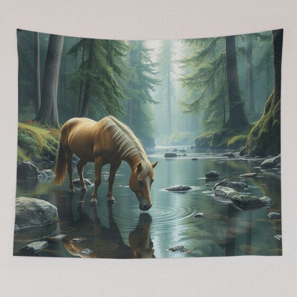 Item preview, Golden Horse Drinking From Peaceful Forest River Reflection designed and sold by IntelliMindDesigns.