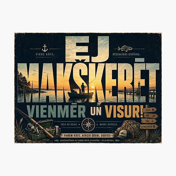 Item preview, EJ MAKŠĶERĒT VIENMĒR UN VISUR — Vintage Fishing Poster (Latvian Headline) designed and sold by Jandedan.