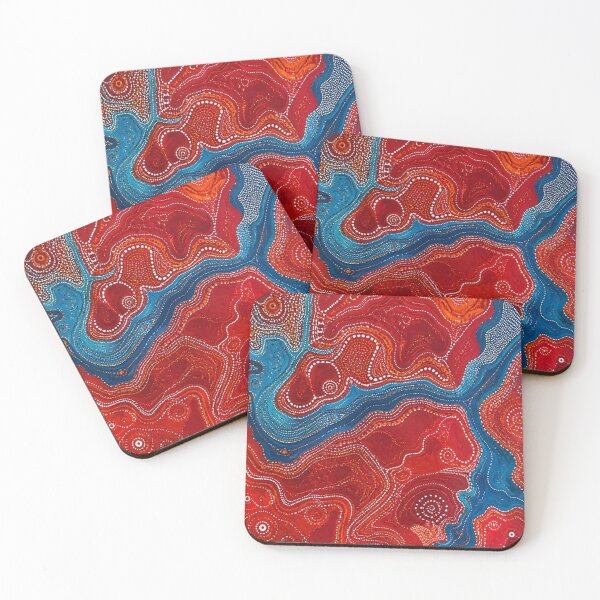 Item preview, Aboriginal Inspired Dot Art - Crimson Lava Blue Water Paths designed and sold by GrinGalore.