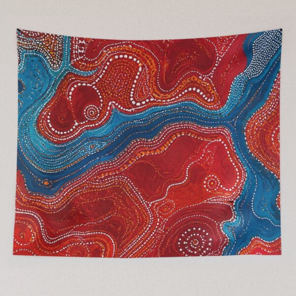 Item preview, Aboriginal Inspired Dot Art - Crimson Lava Blue Water Paths designed and sold by GrinGalore.