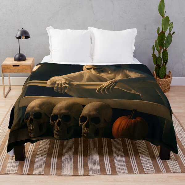 Item preview, Spooky Skeleton in White Robe with Pumpkin and Skull Display designed and sold by PandaTShirtShop.