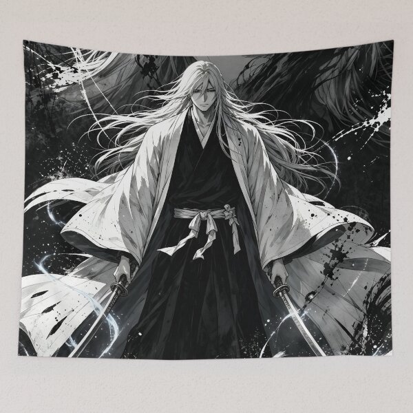 Item preview, Jūshirō Ukitake Bleach Anime Art – Dark Monochrome Soul Reaper Aesthetic | Dual Sword Manga Poster designed and sold by Dyan4.