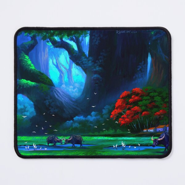 Item preview, Mystical Indian Village Forest with Water Buffaloes Digital Art designed and sold by ExploreAura Studio.