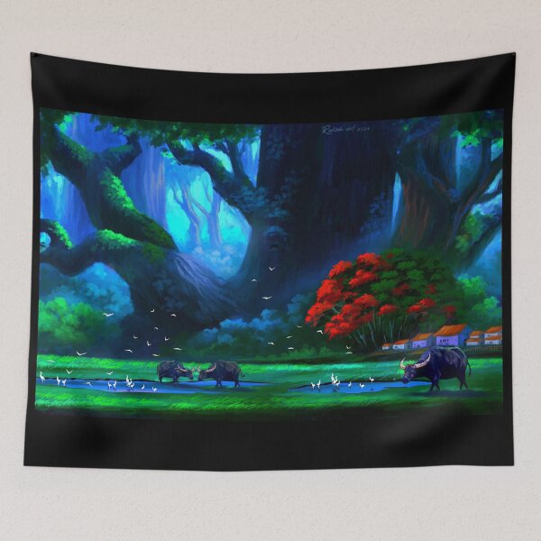 Item preview, Mystical Indian Village Forest with Water Buffaloes Digital Art designed and sold by ExploreAura Studio.