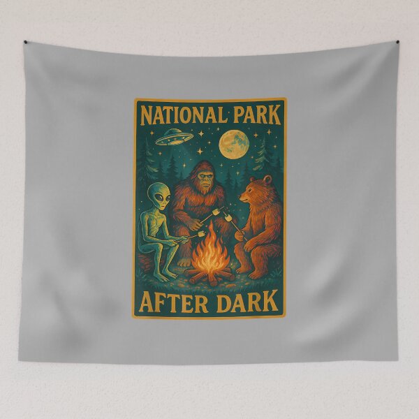 Item preview, National Park After Dark Alien Bigfoot Bear Camping designed and sold by ArleneRowe.