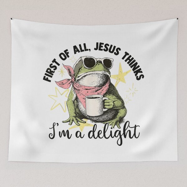 Item preview, Funny Frog Wearing Sunglasses Drinking Coffee First Of All Jesus Thinks Delight designed and sold by DonnaLoly.