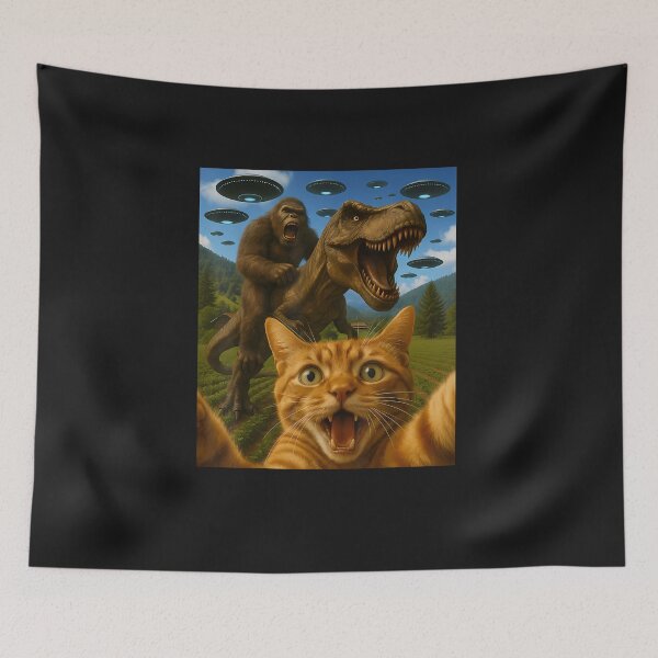 Item preview, Funny Graphic Cat Selfie with Bigfoot Riding T-rex Dinosaur designed and sold by FrankIsabel.