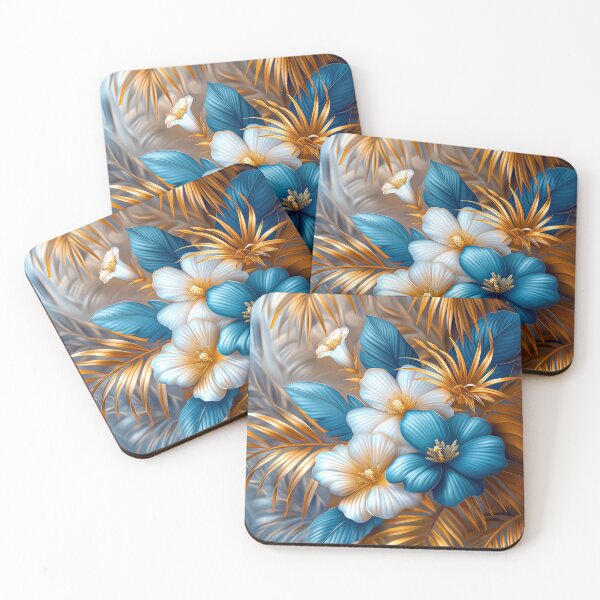 Item preview,  Golden Blue Tropical Flowers and Palm Leaves designed and sold by MargaretWiktor.