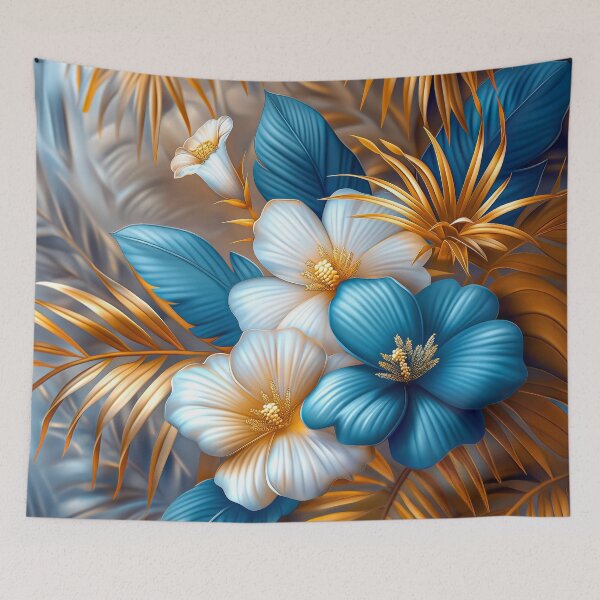 Item preview,  Golden Blue Tropical Flowers and Palm Leaves designed and sold by MargaretWiktor.