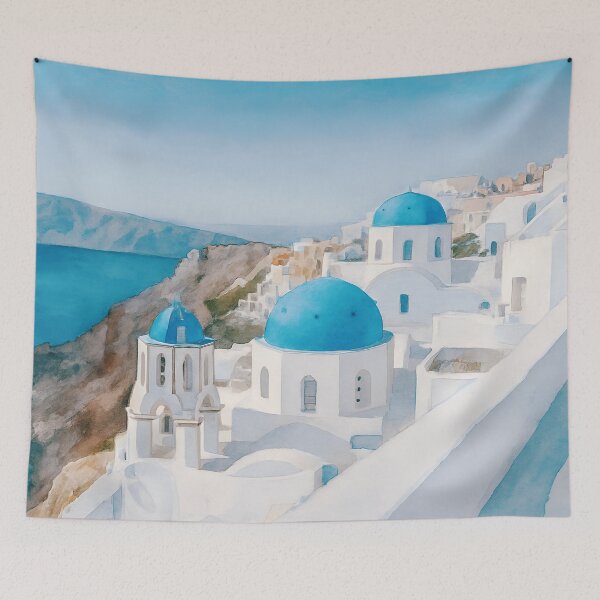 Item preview, Santorini, Greece, with blue domes and white buildings designed and sold by Sasas Design.