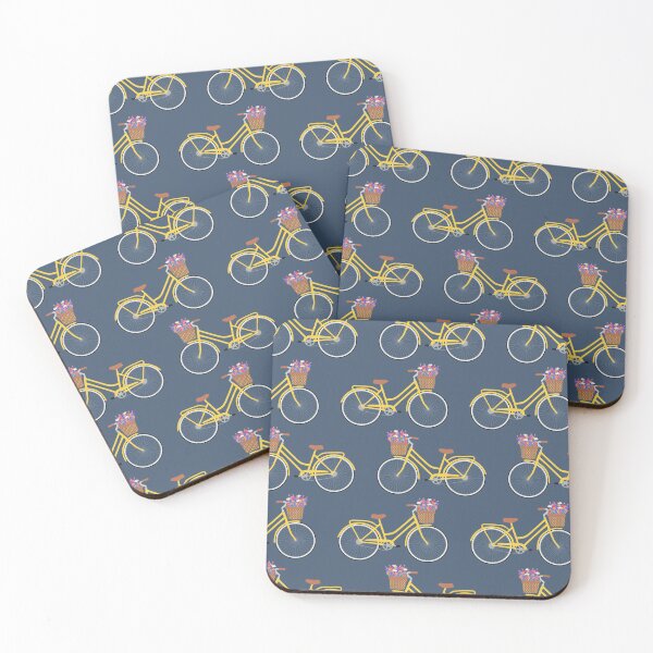Item preview, Yellow bicycle with flower basket on blue designed and sold by Jennifer Ladd.
