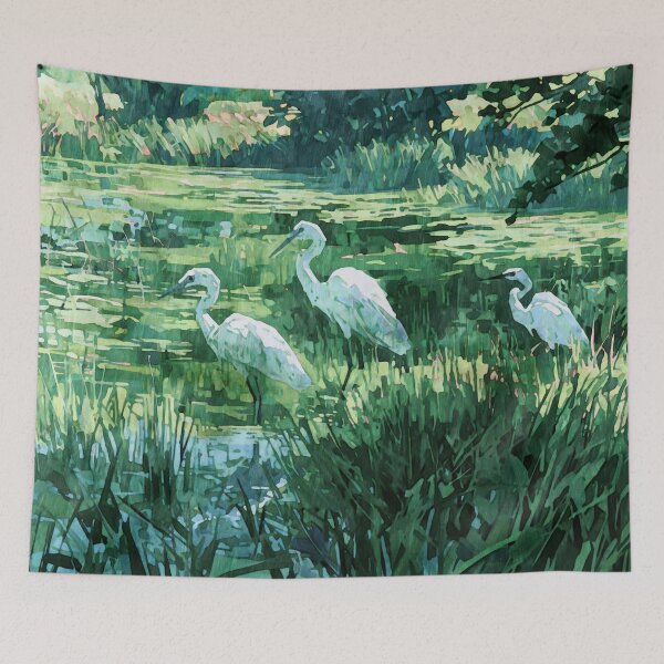 Item preview, Three White Egrets in a Green Wetland Watercolor designed and sold by Janine Aykens.