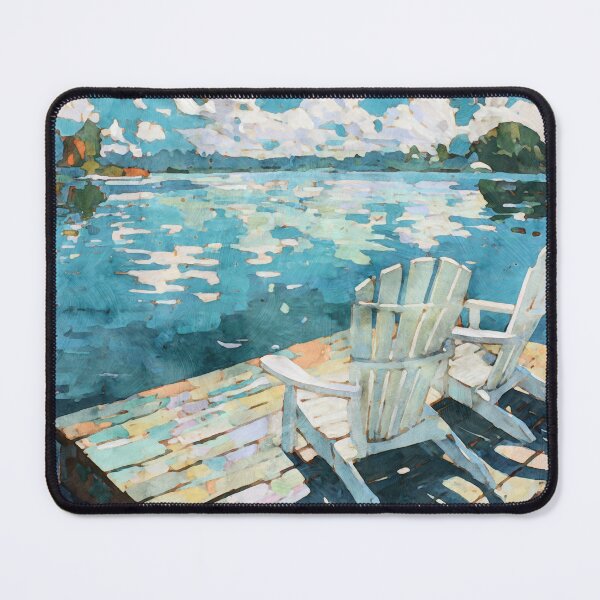 Item preview, White Adirondack Chairs on a Blue Lake Dock designed and sold by Janine Aykens.