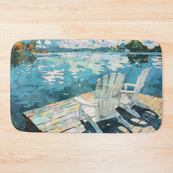 Item preview, White Adirondack Chairs on a Blue Lake Dock designed and sold by Janine Aykens.