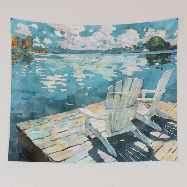 Item preview, White Adirondack Chairs on a Blue Lake Dock designed and sold by Janine Aykens.