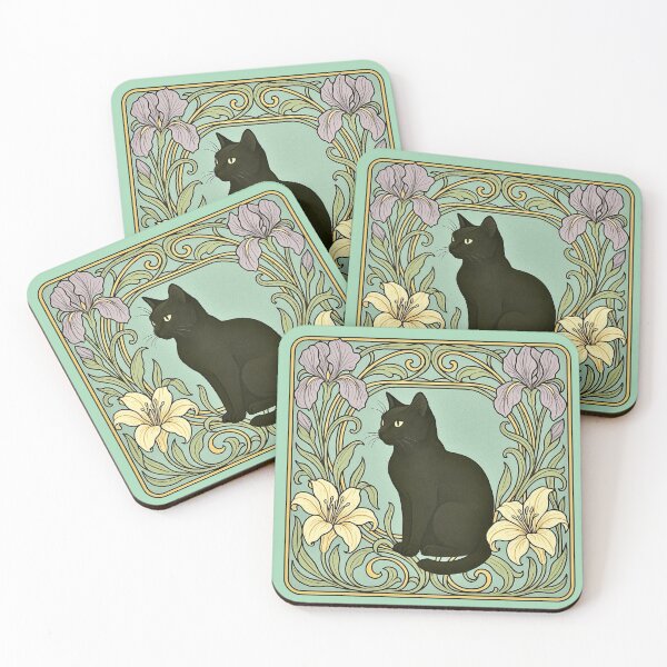 Item preview, Art Nouveau Black Cat - Vintage Floral designed and sold by Myra365Art.