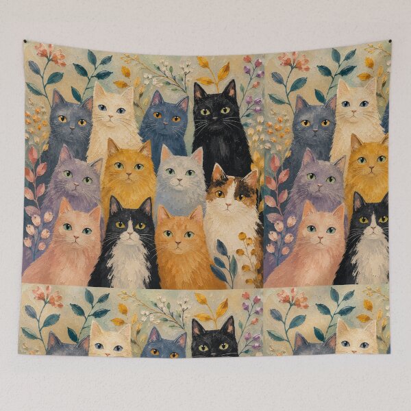 Item preview, Colorful Whimsical Cats Oil Painting | Cozy Folk Art Cat Illustration designed and sold by Aramdesing.