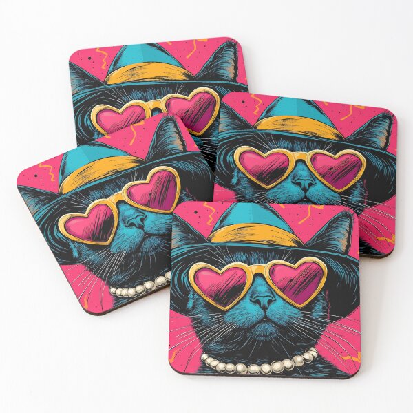 Item preview, Bold Kitschy Cat Pop Art, Heart Sunglasses Pink Turquoise Cat Print designed and sold by daila70.