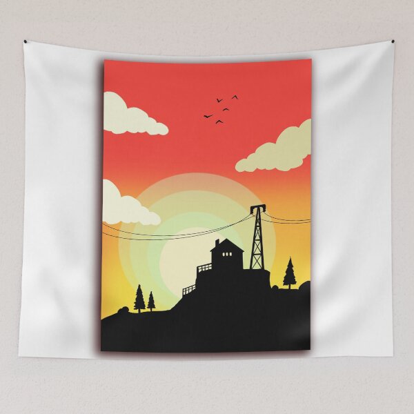 Item preview, Minimalist Sunset Silhouette House & Transmission Tower Art designed and sold by ExploreAura Studio.