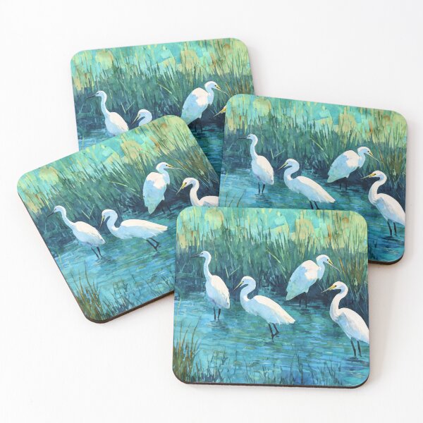 Item preview, Four White Egrets in a Blue Green Wetland designed and sold by Janine Aykens.