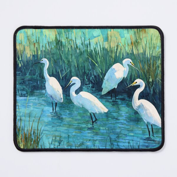 Item preview, Four White Egrets in a Blue Green Wetland designed and sold by Janine Aykens.