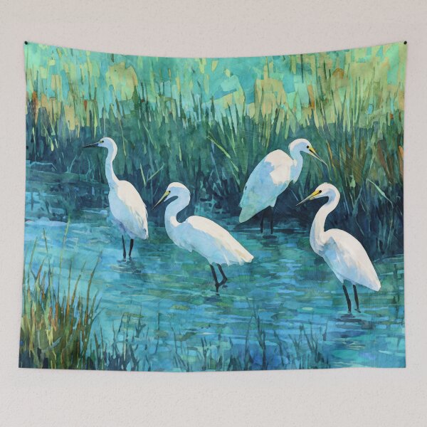 Item preview, Four White Egrets in a Blue Green Wetland designed and sold by Janine Aykens.