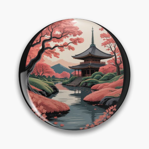 Item preview, Japanese Pagoda Autumn Pink Maple River Mountain Oriental T-Shirt designed and sold by DarylWelsh2024.