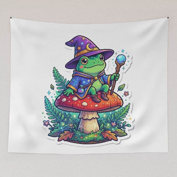 Item preview, Cute Frog Wizard Sitting on Mushroom Fantasy Cottagecore Cartoon Art designed and sold by ArtsyExplorer.