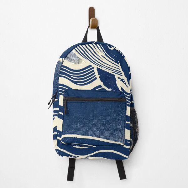 Item preview, Linocut Humpback Whale Breaching Ocean Waves Navy designed and sold by Fariks.