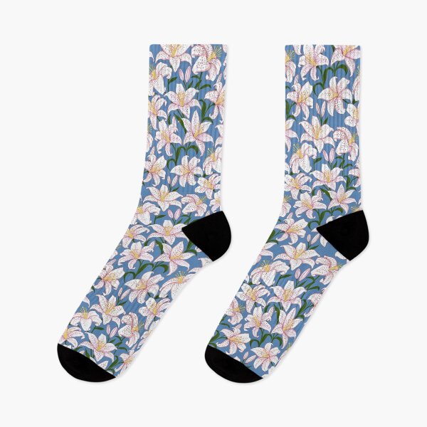 Item preview, White Oriental Lily Floral Pattern: Luxurious Stargazer Blooms on Soft Blue designed and sold by DropRomance.