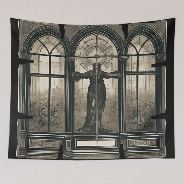 Item preview, Gothic Stained Glass Window Art, Dark Academia Nun Cross Engraving designed and sold by DarkOriginArts.