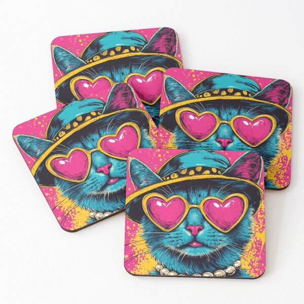 Item preview, Funny Cat Pop Art Portrait, Heart Glasses Retro Hat Colorful Illustration designed and sold by daila70.