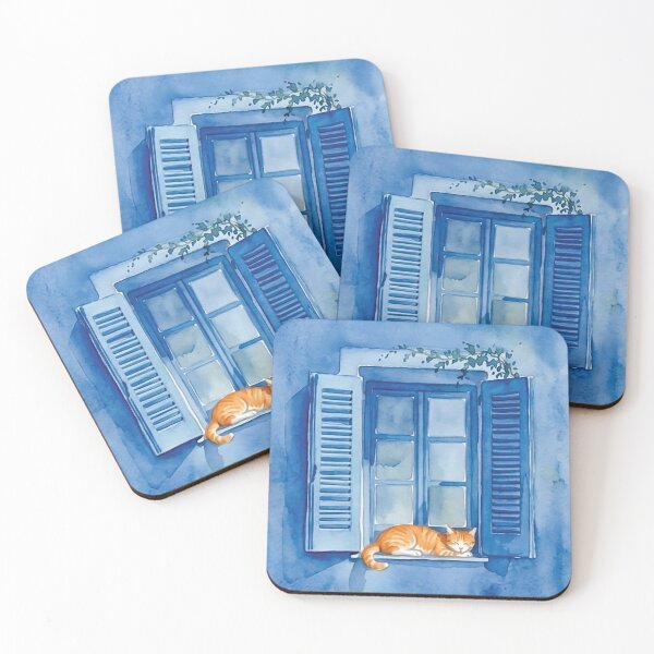 Item preview, Mediterranean Blue Window Cat Illustration designed and sold by Islabonita..