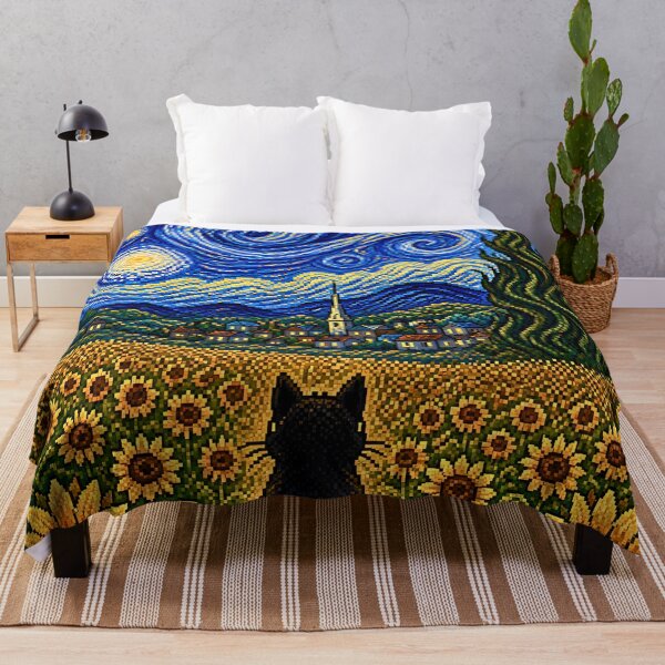 Item preview, Starry Night Black Cat in a Sunflower Field designed and sold by RairyuuBell.