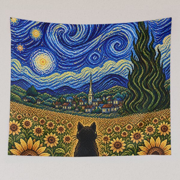 Item preview, Starry Night Black Cat in a Sunflower Field designed and sold by RairyuuBell.