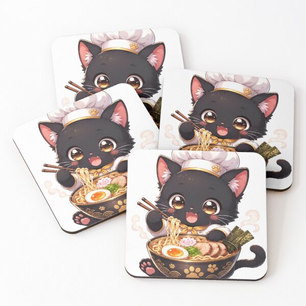 Aperçu de l'œuvre Autocollant mignon de chat kawaii chef ramen mangeant des nouilles créée et vendue par NeonKawaiiCo.