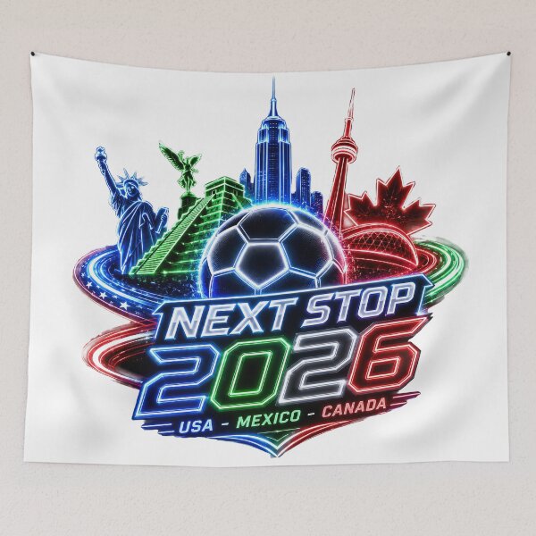 Item preview, Next Stop 2026 USA Mexico Canada Neon Soccer Emblem designed and sold by emaga.