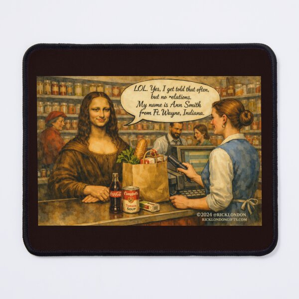 Item preview, Mona Lisa at the Checkout – Funny Pop Culture Cartoon designed and sold by Rick London Gifts.