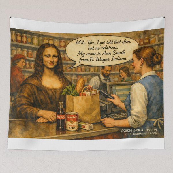 Item preview, Mona Lisa at the Checkout – Funny Pop Culture Cartoon designed and sold by Rick London Gifts.